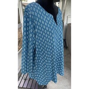 LL Bean 3X Plus Supima Cotton Split Neck Tunic Teal 3/4 Sleeve Work Church Comfy